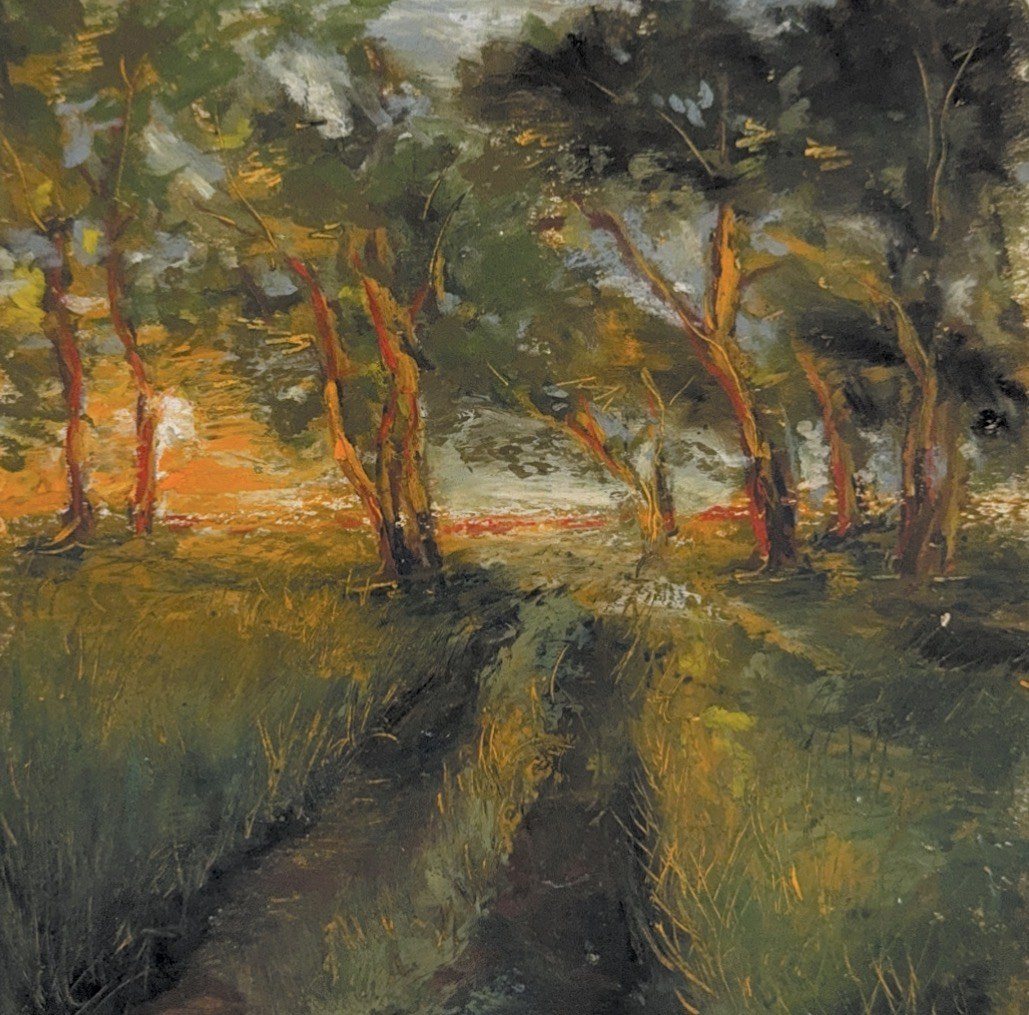 Oil pastel painting of a sunlit path between trees